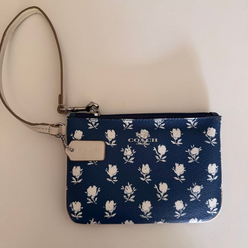 Coach Blue Floral Rose Print Leather Wristlet with Hangtag